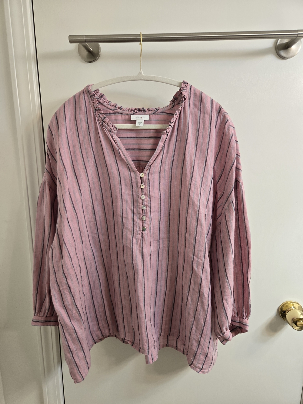 J. Jill 100% Linen Pink Striped Relaxed Henley Button Top Size XL